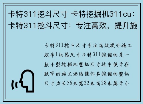 卡特311挖斗尺寸 卡特挖掘机311cu：卡特311挖斗尺寸：专注高效，提升施工效率