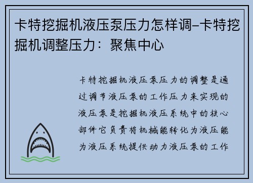 卡特挖掘机液压泵压力怎样调-卡特挖掘机调整压力：聚焦中心