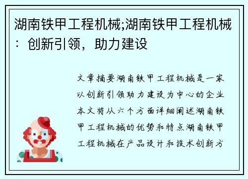 湖南铁甲工程机械;湖南铁甲工程机械：创新引领，助力建设