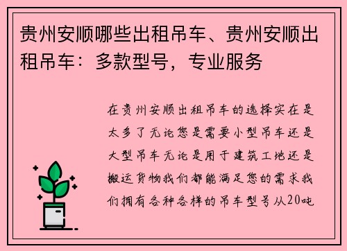 贵州安顺哪些出租吊车、贵州安顺出租吊车：多款型号，专业服务